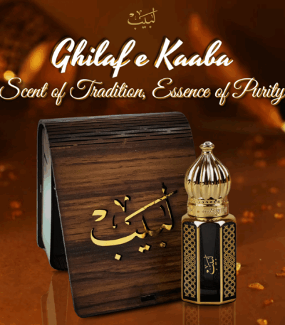 "Ghilaf e Kaaba attar by Labaib – inspired by the sacred black cloth of the Holy Kaaba, symbolizing purity and spirituality"