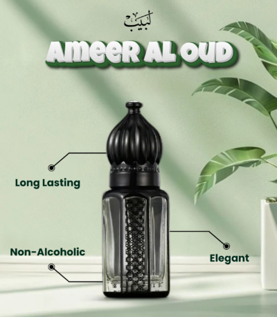 "Labaib Ameer Al Oud – A premium oud fragrance with royal richness and deep, captivating scent for a powerful presence."