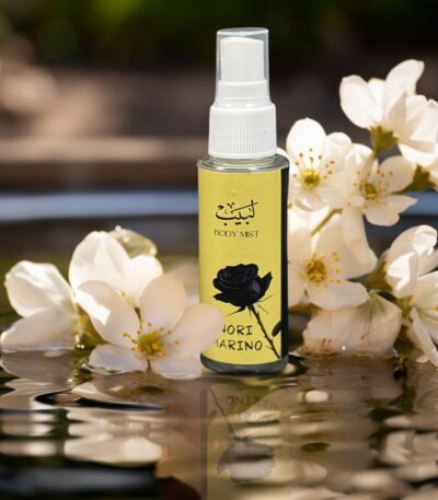 Labaib body mist spray bottle with floral design.