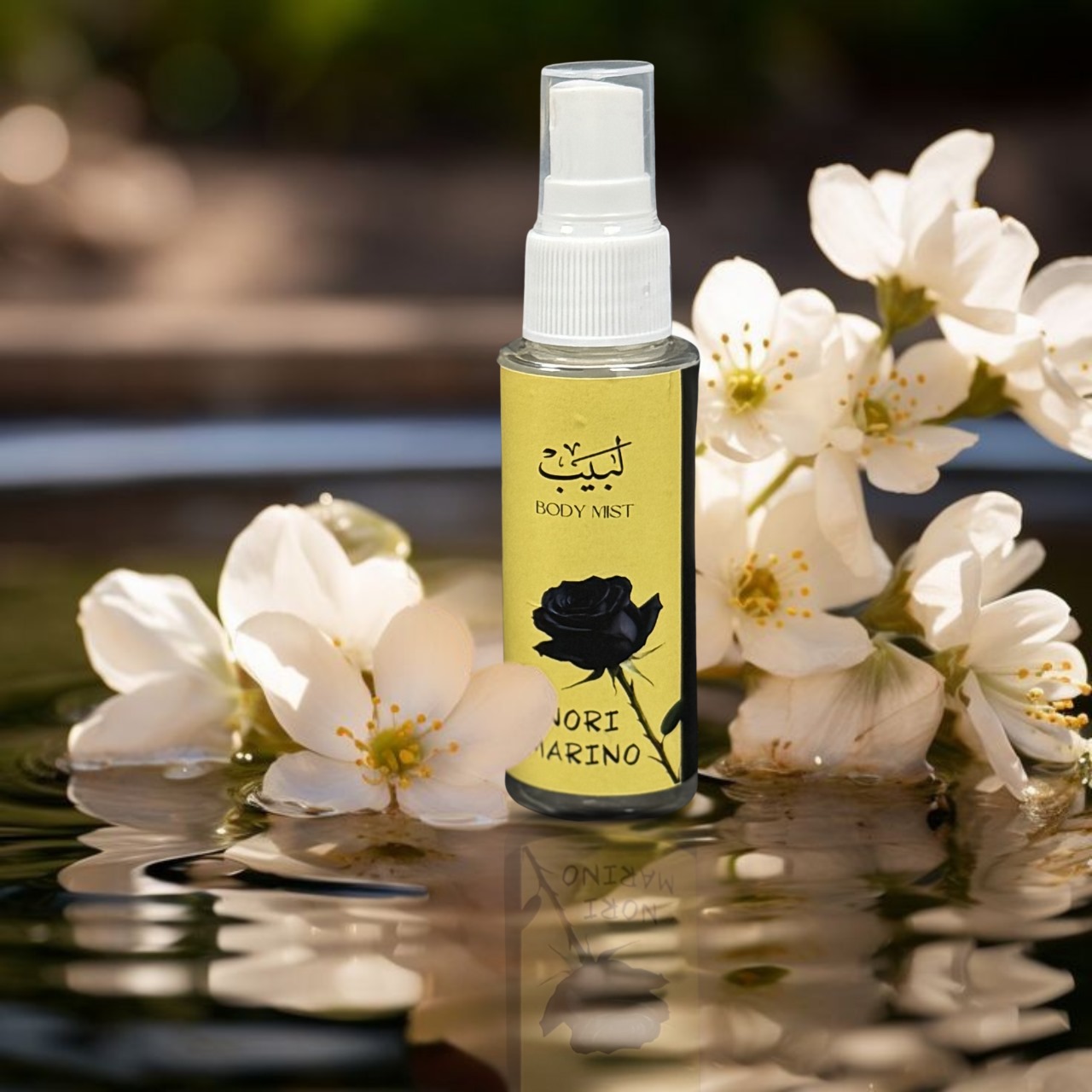 Body mist Labaib body mist spray bottle with floral design.
